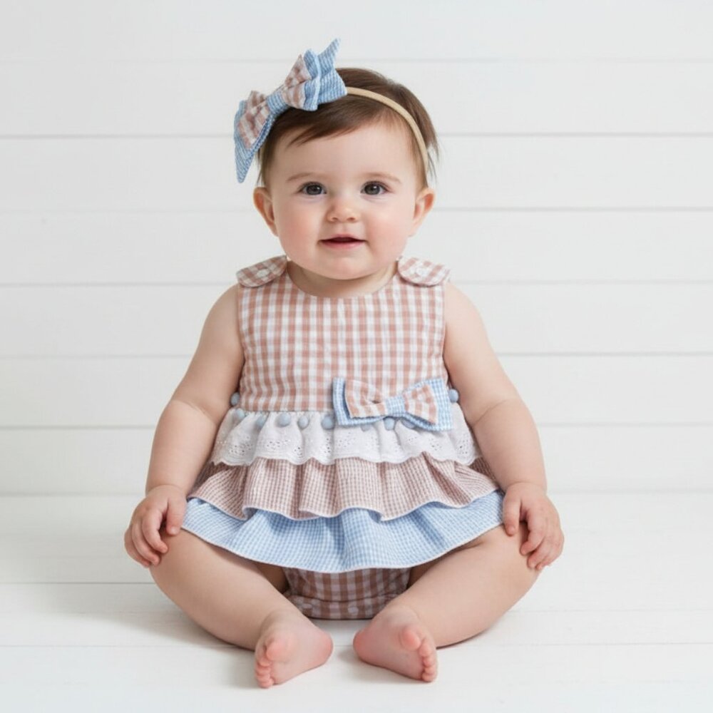 Boutique Blue & Brown Seersucker Checked Ruffle Romper, baby,